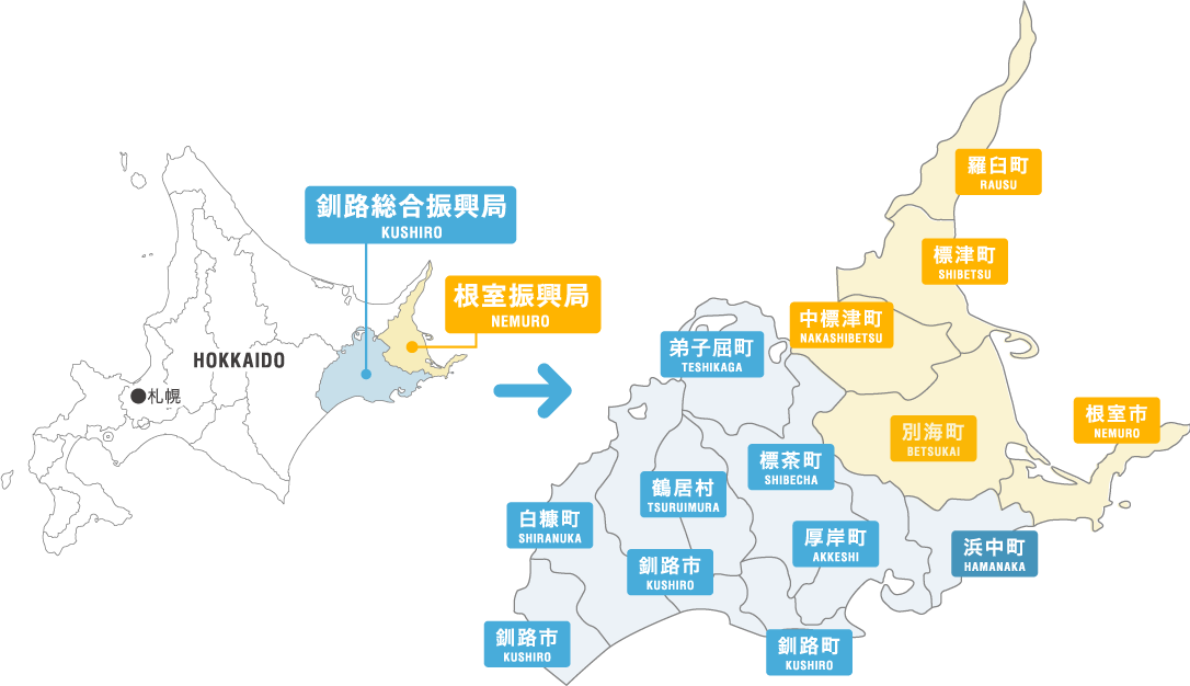 対象の根室振興局・釧路総合振興局の2市11町